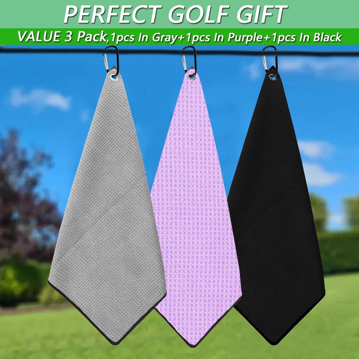 Golf Towel Microfiber Waffle Towels for Golf Bags for Men Women with Clip 15.7’’X15.7’’ Set in Gray Black Purple (Black&Gray&Purple, 15.7''X15.7'')