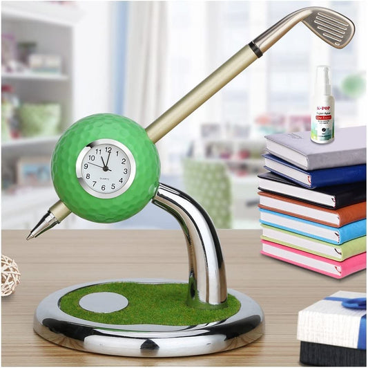 Mini Desktop Golf Ball Pen Stand with Golf Pens and Clock | 2-Piece Set of Golf Souvenir Tour Souvenir Novelty Gift (Green)