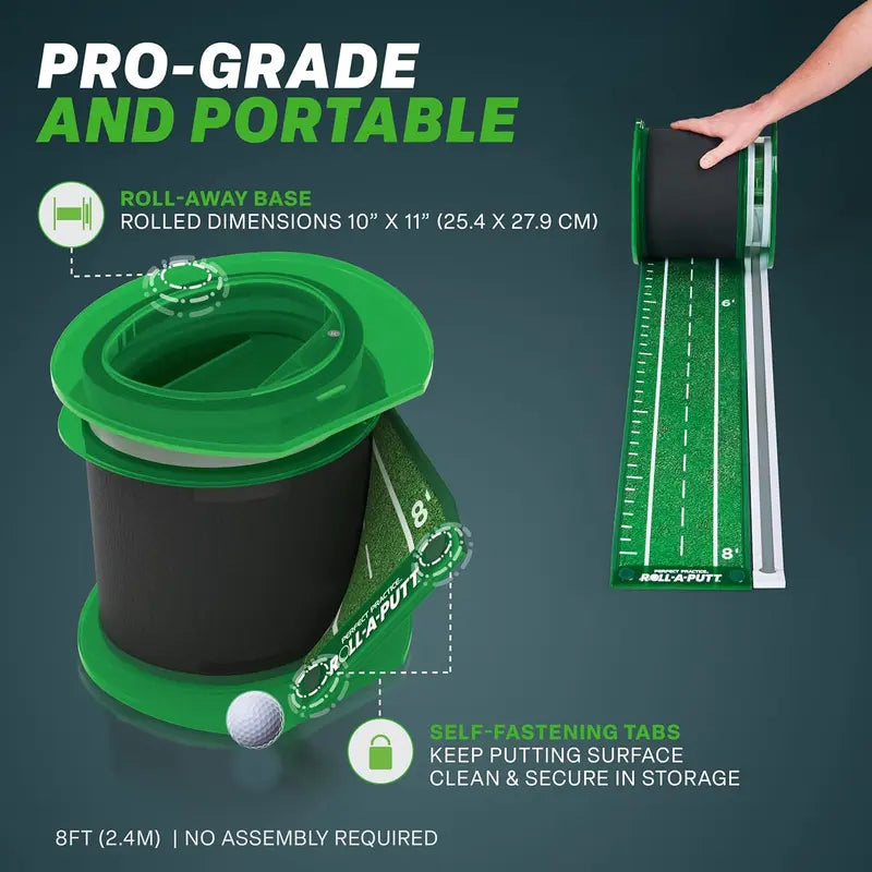 ROLL-A-PUTT by PERFECT PRACTICE - 8ft Portable Putting Green with Ball Return and Roll-Away Base for Fast and Easy Putting Practice Anywhere – Golf Accessories, Golf Gifts for Men